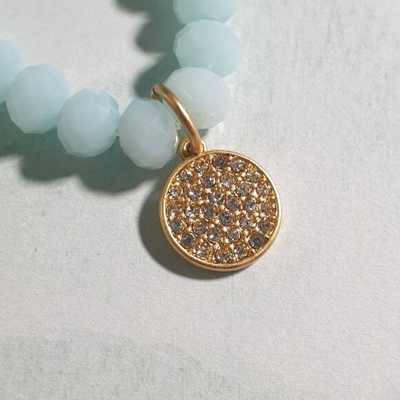 Faceted Light Blue Beaded Stretch Bracelet Gold Tone Crystal Pendant Drusy - Picture 5 of 5